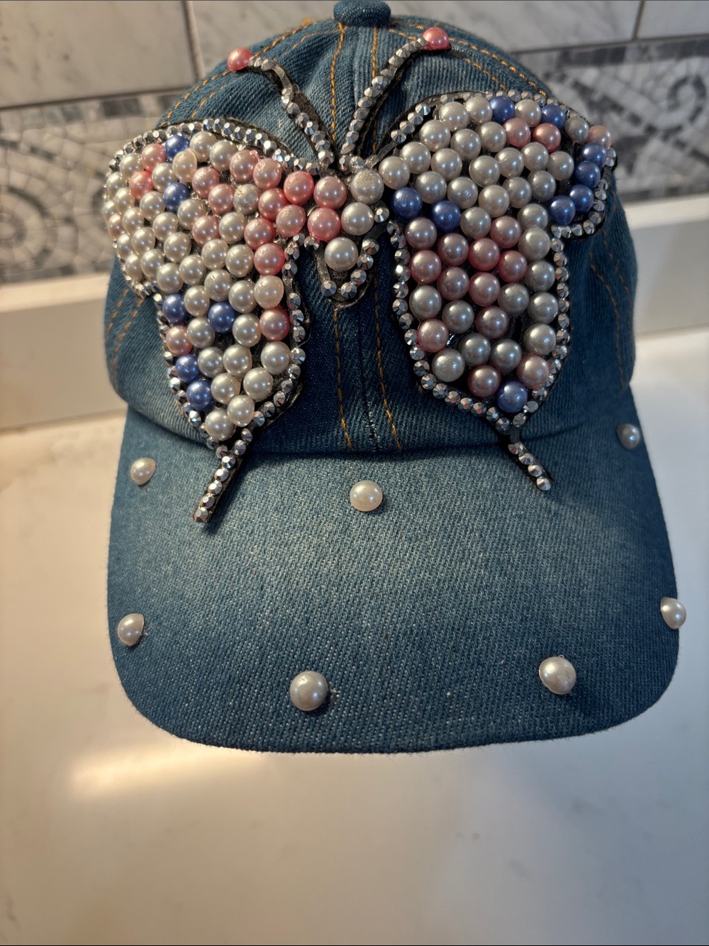 Denim Baseball Cap with Pearl & Rhinestone Butterfly